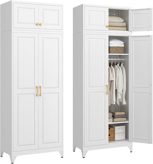 SteeLoong 86" Metal Armoire Wardrobe Closet with Doors,White Tall Clothing Storage Cabinet with Adjustable Shelves and Hanging Rod,Wardrobe Closet for Bedroom,Home,Office,Gym