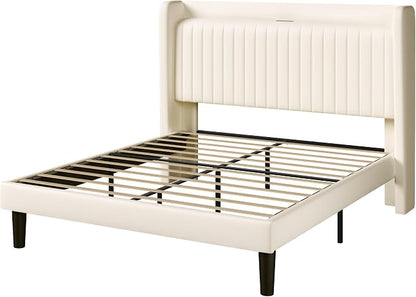 Allewie Full Size Platform Bed Frame with USB Charging Station and Storage Shelf/Upholstered Velvet Wingback Headboard/Wooden Slats Support/No Box Spring Needed/Easy Assembly, Cream