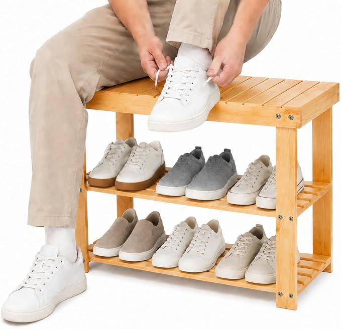Shoe Rack Bench, 3-Tier Shoe Storage Organizer for Entryway , Shoe Shelf for Small Spaces, Multi-Functional Side Table Plant Stand, Shoe Stand for Bedroom, Living Room, Closet, Front Door, Natural