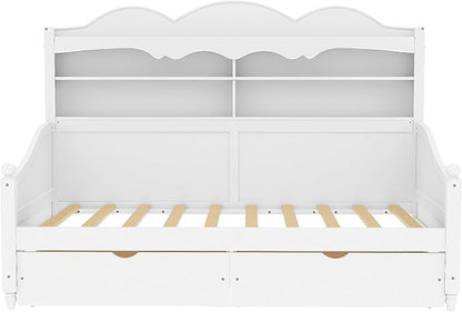 Merax Twin Daybed with Storage Drawers, Wood Twin Day Bed with 3-Tier Storage Headboard Shelves, Retro Style Twin-Size Daybed for Bedroom Guest Room, No Box Spring Needed, Easy Assembly, White