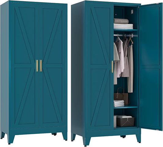 COFaR Metal Wardrobe Cabinet, 71" Farmhouse Storage Cabinet with Hanging Rod, 2 Barn Door, 2 Adjustable Shelves and Legs, for Bedroom, Laundry Room, Cloak Room, Gym, Office, School (Blue Green)
