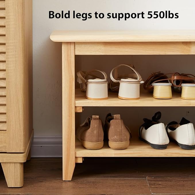 Dewfig Shoe Rack Bench, 3-Tier Shoe Shelf Organizer,10-12 Pairs Entryway Storage Bench for Hallway, Bedroom, Living Room, Bedroom, Hold up to 550 lbs, Solid Wood, Natural