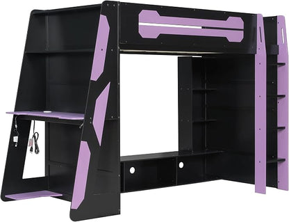Merax Twin Size Loft Bed with Desk, Multi-Storage Shelves and RGB Light | Space-Saving Wooden Gaming Bed Frame with Charging Station and Guardrail