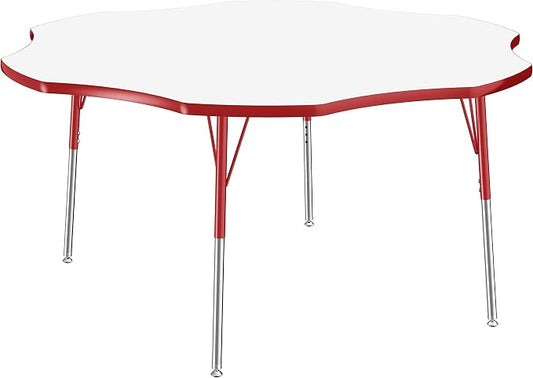 FDP Dry-Erase Flower Activity School and Office Table (60 inch), Standard Legs with Swivel Glides for Collaborative Spaces, Adjustable Height 19-30 inches - Whiteboard Top, Red Edge and Matching Legs