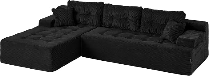 Hobestluk Modular Sectional Sofa Couches L-Shape Couch 3 Seat Modular Sofa Memory Foam Sectional Couches for Living Room, Cloud Couch with Oversized Chaise (Ebony Corduroy, 108", Left Hand Facing)