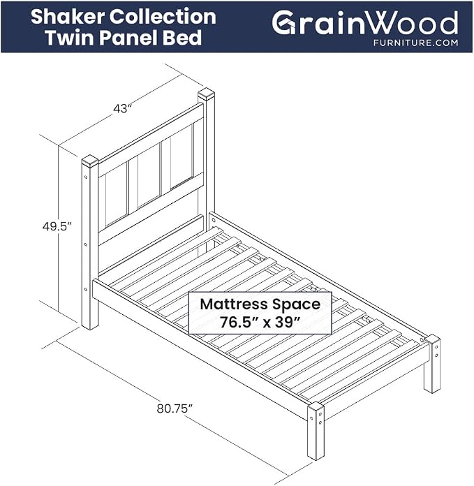 Grain Wood Furniture Shaker Solid Wood Panel Platform Bed, Twin Size, Cherry
