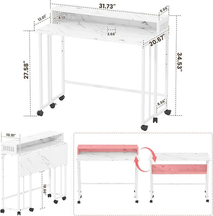 Gezen Folding Desk with Storage Shelf, Mobile Couch Desk Sofa Side Table Bed for Home Office Small Space, White Marble, 31.5
