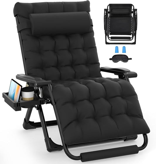 Slendor Oversized Zero Gravity Chairs XXL, 33In Padded Zero Gravity Lounge Chair, Lawn Recliner, Folding Patio Reclining Chair w/Aluminum Alloy Lock, Headrest, Cup Holder, Support 500lbs, Black