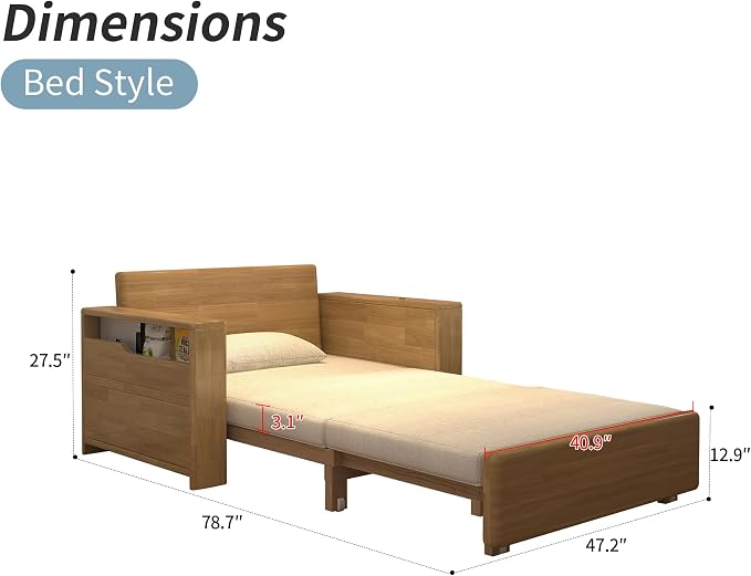 48" Natural Wood Tone Solid Wood Frame, 3-in-1 Sleeper Sofa with Storage | Solid wood sofa for living rooms, apartments & offices — single-size, it works as a guest bed to maximize small space.