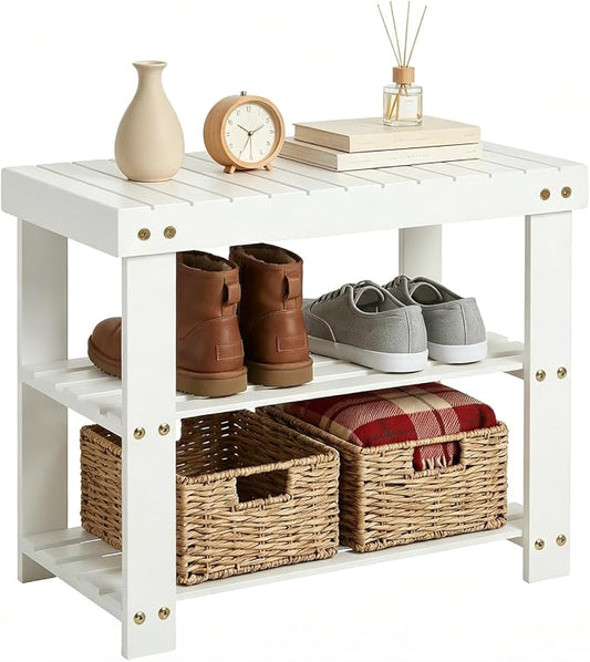 GAOMON Sturdy 3-Tier Bamboo Shoe Rack Bench – Modern Entryway Organizer with Seat & Storage Shelf, Holds up to 130kg, Perfect for Closet, Bedroom, Living Room, 28.7 x 50 x 45.3 cm – White