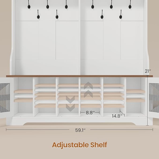 Itaar Hall Tree with Bench and Shoe Storage, 5-in-1 Entryway Bench with Coat Rack, 16 Shoe Cubbies & 12 Coat Hooks, Barn Door & Adjustable Shelf (White)