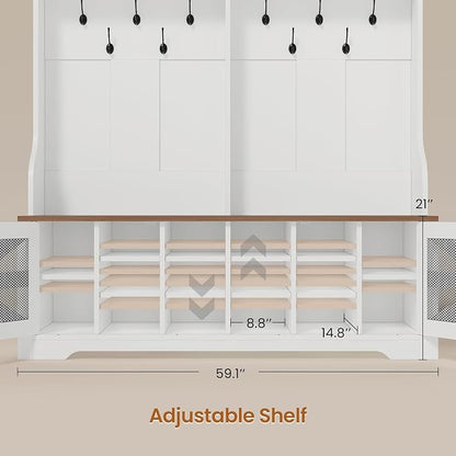 Itaar Hall Tree with Bench and Shoe Storage, 5-in-1 Entryway Bench with Coat Rack, 16 Shoe Cubbies & 12 Coat Hooks, Barn Door & Adjustable Shelf (White)