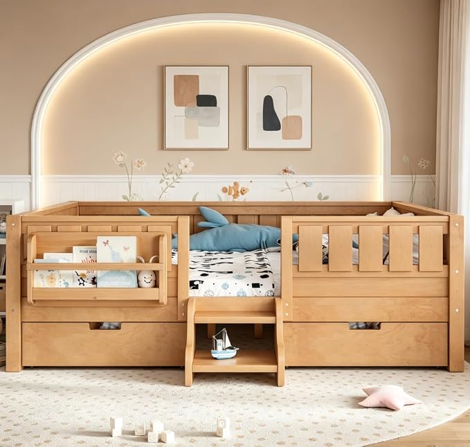 Bellemave Full Size Kids Bed with high Rails and with Built-in Bookshelf and Drawers for Kids, Girls, Boys, Wood Montessori Bed Without Door, Light Natural