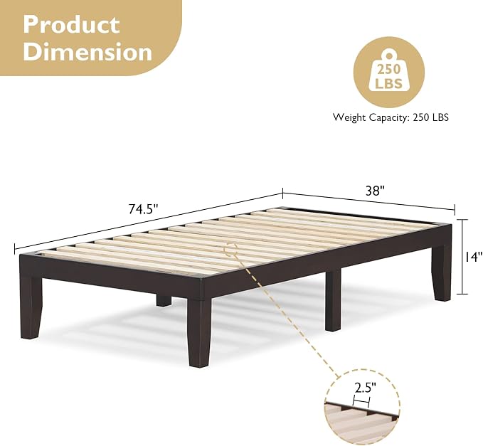 COSTWAY Twin Size Platform Bed Frame, 14 Inches Solid Rubber Wood Bed Mattress Foundation with Sturdy Slats Support, Easy Assembly Bed Frame for Home Hotel, No Box Spring Needed (Espresso, Twin)