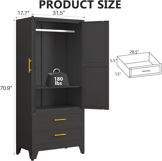 Metal Armoire Wardrobe Closet Storage Cabinet with 2 Doors Black, 71'' Wardrobe Cabinet with Hanging Rod Metal Closet with Adjustable Shelf and 2 Drawers for Bedroom, Laundry Room, Cloak Room