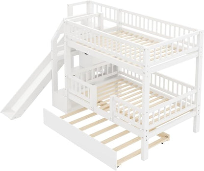 RUNNA Twin Over Twin Bunk Bed with Slide,Trundle,Storage Stairs,White | Twin over twin bunk bed with slide, trundle, storage stairs,solid pine wood frame,guardrails no box spring needed,White