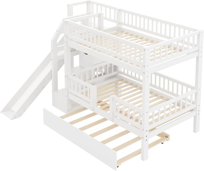 Twin Over Twin Bunk Bed with Storage Staircase, Slide and Trundle,for Kids Teens Adults Bedroom Use (White-ST, Twin Over Twin)