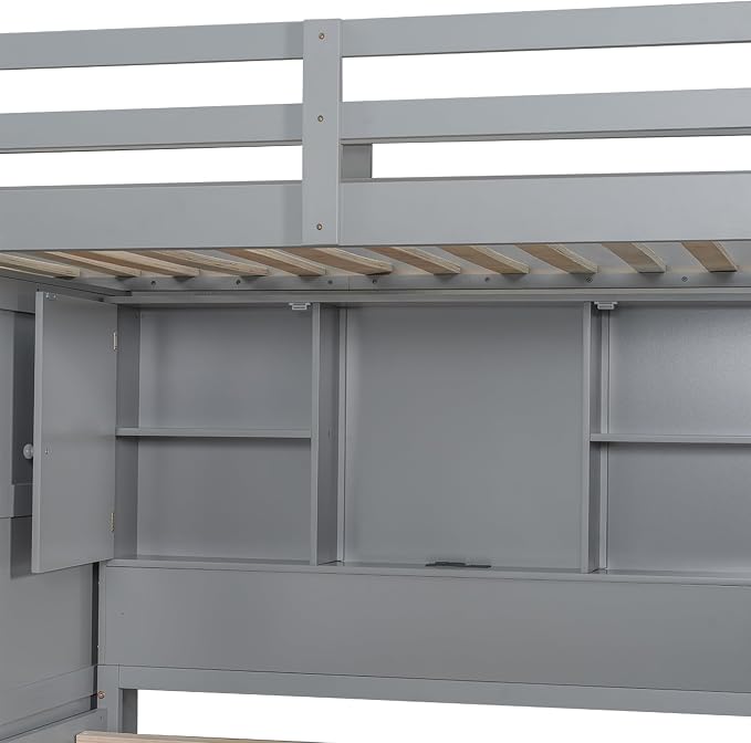 RUNNA Twin Over Full Bunk Bed with Storage Stairs,USB,Light Gray | Twin over full bunk bed with storage stairs,USB charging station,light,solid wood,guardrails,no box spring needed,Light Gray