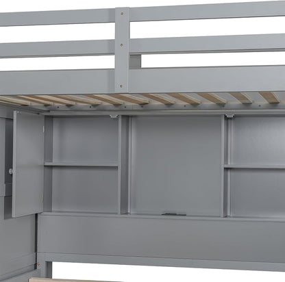 RUNNA Twin Over Full Bunk Bed with Storage Stairs,USB,Light Gray | Twin over full bunk bed with storage stairs,USB charging station,light,solid wood,guardrails,no box spring needed,Light Gray