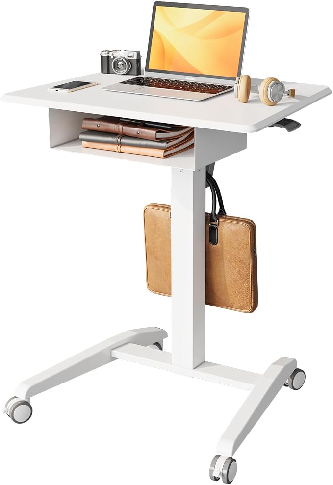 JOY worker Mobile Standing Desk with Storage Drawer, Pneumatic Height Adjustable Mobile Laptop Desk Workstation, White Rolling Cart with Wheels for Home Office Classroom