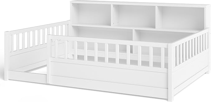 Bellemave Kids Montessori Floor Bed Full Size,Floor Bed Frame with Bookcase and Fence for Kids Boys Girls,White
