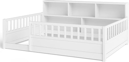 Bellemave Kids Montessori Floor Bed Full Size,Floor Bed Frame with Bookcase and Fence for Kids Boys Girls,White