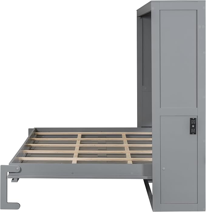 Ball & Cast Murphy Bed Full Size,Wall Beds with Charging Station and Storage Top,Slat Support,Wood Hideaway Cabinet Bedframe w/Leg,can be Folded,Space-Saving,for Small Room,Dorms,Gray