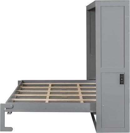 Ball & Cast Murphy Bed Full Size,Wall Beds with Charging Station and Storage Top,Slat Support,Wood Hideaway Cabinet Bedframe w/Leg,can be Folded,Space-Saving,for Small Room,Dorms,Gray
