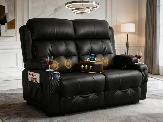 Reclining Loveseat, Massage Loveseat Recliner Sofa Heavy Weight Capacity, RV Love Seat Chair Clearance with Storage, Cup Holders, Wall Hugger Recliners Couches for Living Room & RV Campers