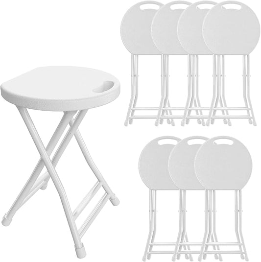 Folding Stool, 18 Inch Foldable Stool with Handle & Steel Frame, Pack of 8 Folding Bar Stools, 440lbs Sturdy Foldable Lightweight Metal Chair for Camping, Indoor and Outdoor, White