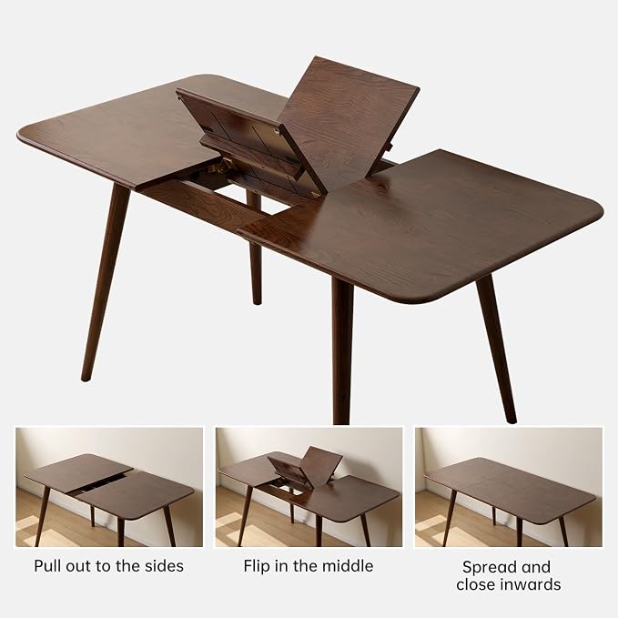 47’’-63’’ 100% Oak Extendable Dining Table and Chairs Set for 4, Solid Wood Folding Kitchen Table, Mid Century Modern Dinner Table for Kitchen, Apartment, Living Room (47''-63''+4 Cushion Chairs)