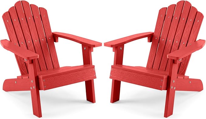 Costzon Kids Adirondack Chair, All-Weather HIPS Toddler Outdoor Chair, Wooden Textured Plastic Fire Pit Chair, Kids Patio Chair for Backyard Lawn Garden, Fits Children Age 3-7 Years (2, Red)