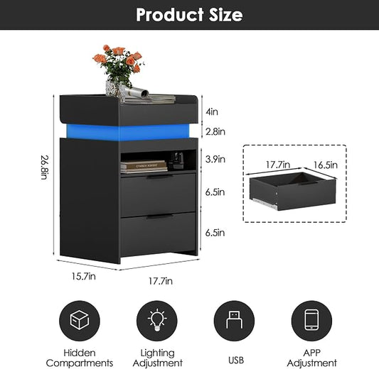 Black Nightstand Set of 2 with Charging Station, Hidden Sliding Top Compartment with USB-C, 2 USB Ports & 2 Outlets, Modern Night Stand with Drawers for Bedroom