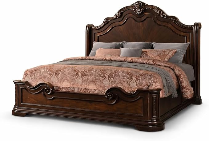 First of a Kind Barney's Traditional 5 Piece Queen Bedroom Set Solid Wood Furniture Collection with Walnut Finish, Classic Carved Design for Coordinated Bedroom Interiors