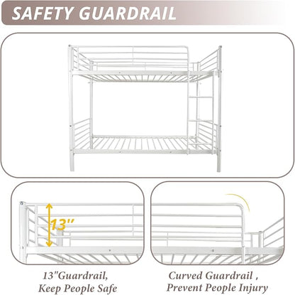 Karl home Metal Bunk Bed Twin Over Twin with Built-in Ladder, White | Heavy Duty Bunkbeds with Safety Guardrail and Space-Saving Design,Twin Bunk Beds for Kids, Teens & Adults, No Box Spring