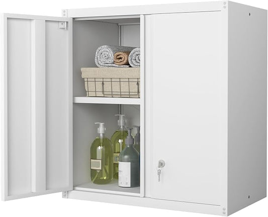 Metal Wall Cabinets, Kitchen Wall Hanging Cabinet, Locking Steel Storage Cabinets with Adjustable Shelves and Locking Doors, Wall Mount Tool Cabinet for Garage, Home, White