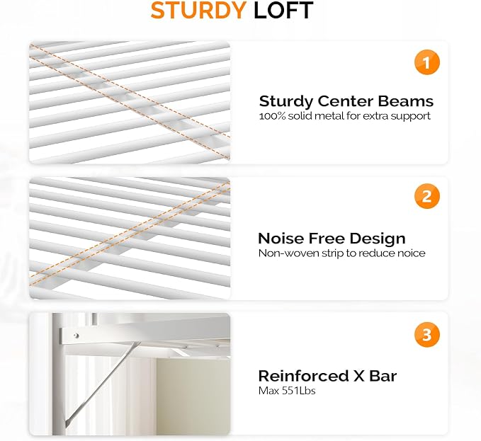 VINGL Loft Bed Full Size Kids Loft with 2 Stairs Design,Space-Saving Double Bed for Teens, Adults, Heavy Duty Metal Square Slat, No Box Spring Needed,White