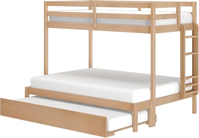 Grain & Grove Bear Twin Over Full Bunk Bed with Trundle Bed, Sturdy Bunk Bed Frame for Kids, Plywood Bunk with Ladder, Guardrail, and Slats, No Box Spring Required, Oak Embossed Natural