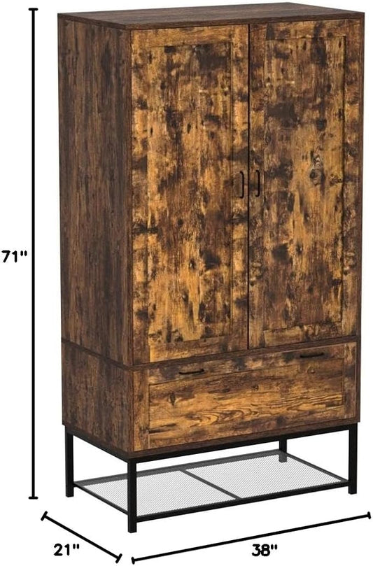 VINGLI 38" W Armoire, Wardrobe Closet with Hanging Rod, Bedroom 71" Freestanding Wardrobe Cabinet with Doors, Adjustable Shelves and Drawer, Open Compartment, Rustic Brown