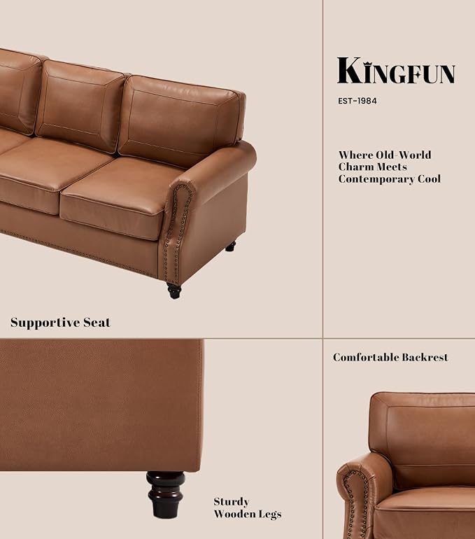 Kingfun 3 Seater Sofa, Mid-Century Modern Faux Leather Couch Set for Living Room, Brown with Rolled Arms & Nailhead Trim, Easy Assembly