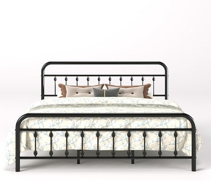 SHA CERLIN King Size Metal Platform Bed Frame with Victorian Style Iron-Art Headboard and Footboard, Easy Assembly, Under Bed Storage, No Box Spring Required, Black