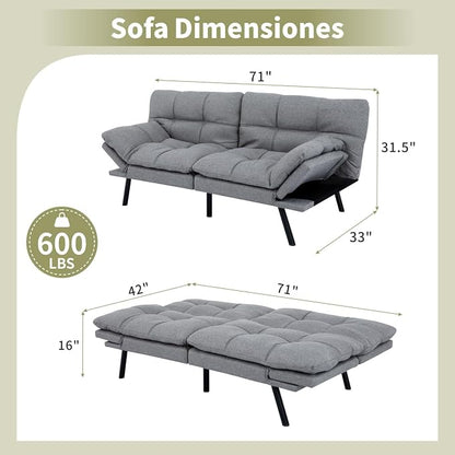 Vipbear 71" Futon Sofa Bed - Convertible Sofa Beds/Adjustable Backrest & Armrest,Detachable Cushion, Loveseat Sleeper for Small Spaces, Apartments & Offices, Silver Grey Futons