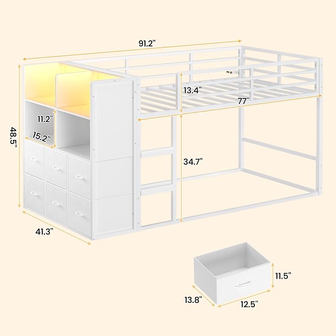 BTHFST Bunk Bed Twin Over Twin with 6 Large Fabric Drawers & 4 Wooden Storage Bookshelf Organizer, Metal Low Bunk Bed for Kids with LED Lights & Safety Ladder and Guardrail, Space Saving