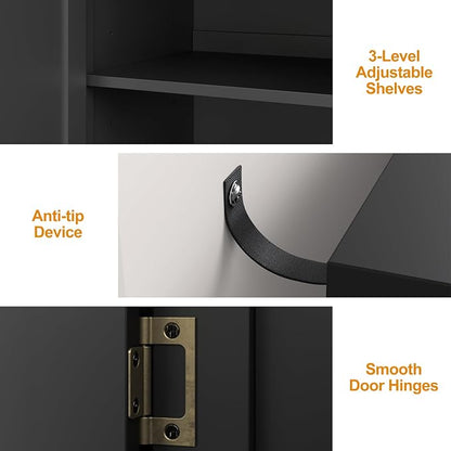 RoyalCraft 63'' Sideboard Buffet Cabinet with Storage, Accent Cabinet Credenza with 4 Doors and Adjustable Shelves, Vintage Media Console for Entryway, Living Room, Kitchen, Satin Black