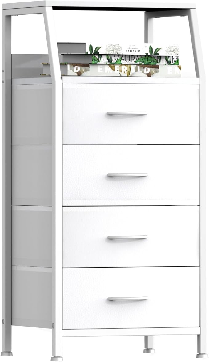 White Dresser for Bedroom, Storage Organizer with 4 Drawers, Vertical Fabric Storage Stand, Nightstand Bedside Table, Sturdy Steel Frame & Wooden Top