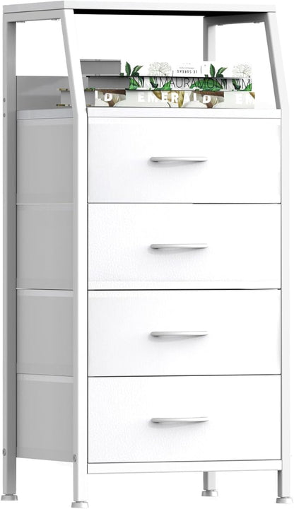 White Dresser for Bedroom, Storage Organizer with 4 Drawers, Vertical Fabric Storage Stand, Nightstand Bedside Table, Sturdy Steel Frame & Wooden Top