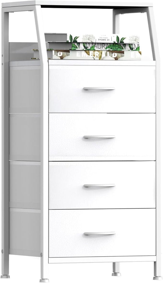 White Dresser for Bedroom, Storage Organizer with 4 Drawers, Vertical Fabric Storage Stand, Nightstand Bedside Table, Sturdy Steel Frame & Wooden Top