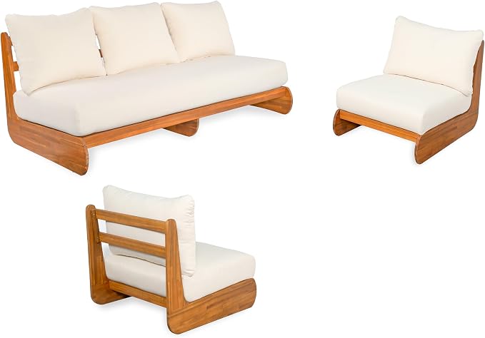 Merax 3 Piece Patio Outdoor Furniture Set, All-Weather Acacia Wood 3-Seater Daybed Sofa, 2 Chaise Lounge Chairs with Thick Cushions for Porch, Lawn, Backyard, Balcony, Beige +Teak
