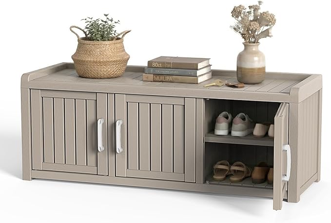 DRATO Outdoor Shoe Storage Cabinet, Shoe Bench with Storage, Waterproof Resin Large Shoe Cabinet with Doors for Outdoor Indoor Entryway Hallway Bedroom (Grey, 3 Doors)