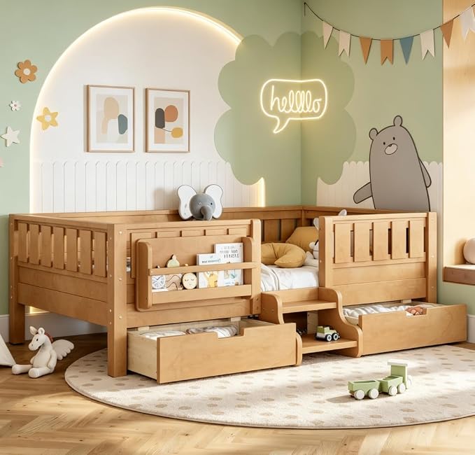Bellemave Twin Size Kids Bed with high Rails and with Built-in Bookshelf and Drawers for Kids, Girls, Boys, Wood Montessori Bed Without Door, Light Natural